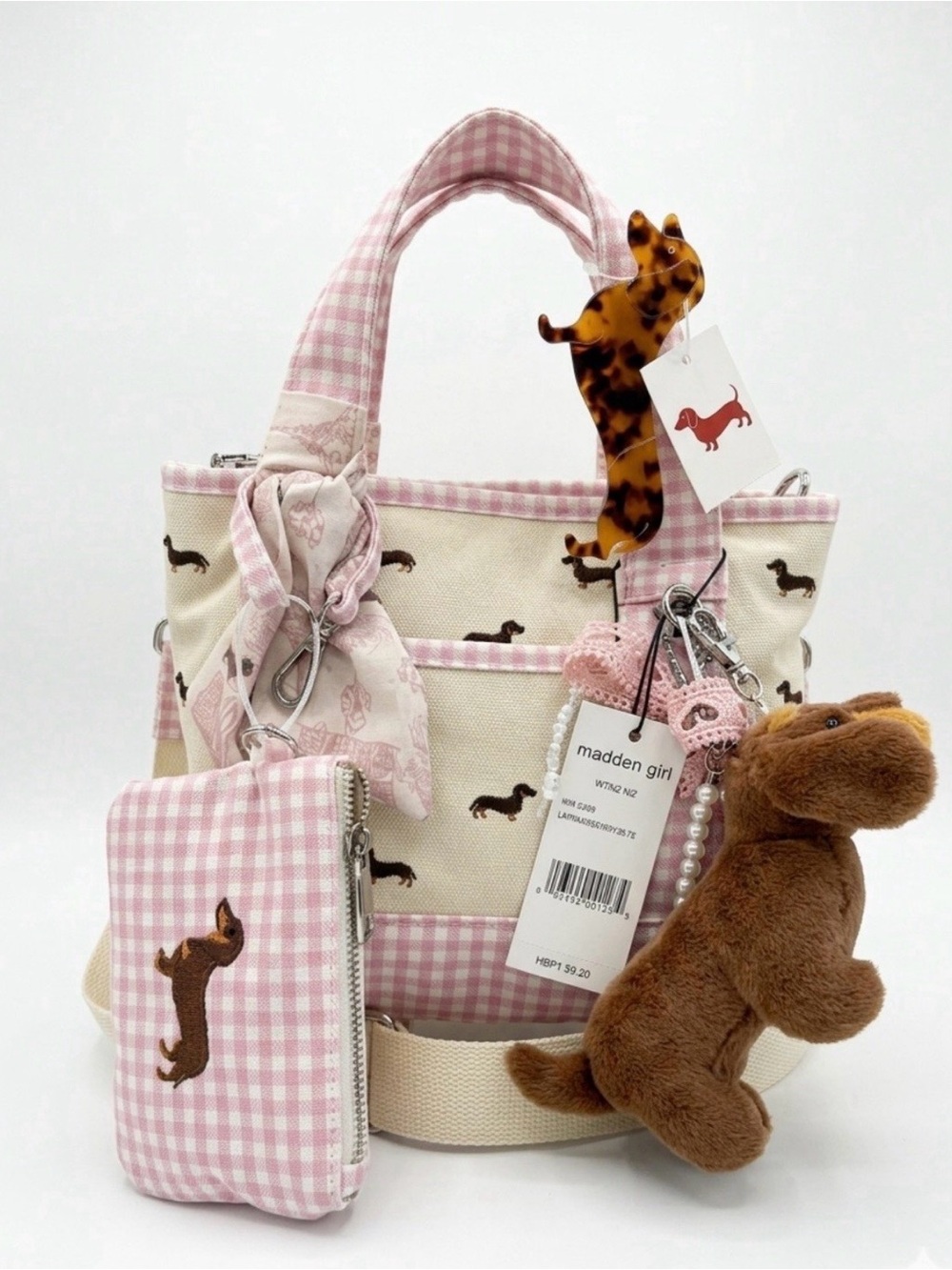 madden girl Pink Gingham Dachshund Print Tote with Plush Charm